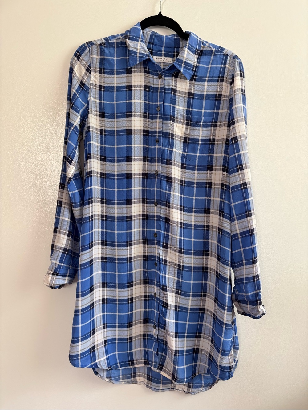 Equipment Femme Brett Silk Plaid Shirt Dress Blue White Button Down Medium
